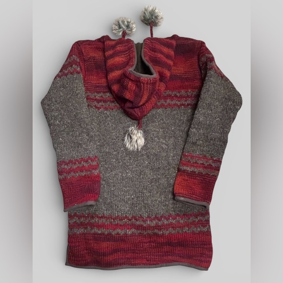 Laundromat Hooded Wool Knit Sweater Coat Pom Pom Alpine Fair Isle Size L - Picture 9 of 10